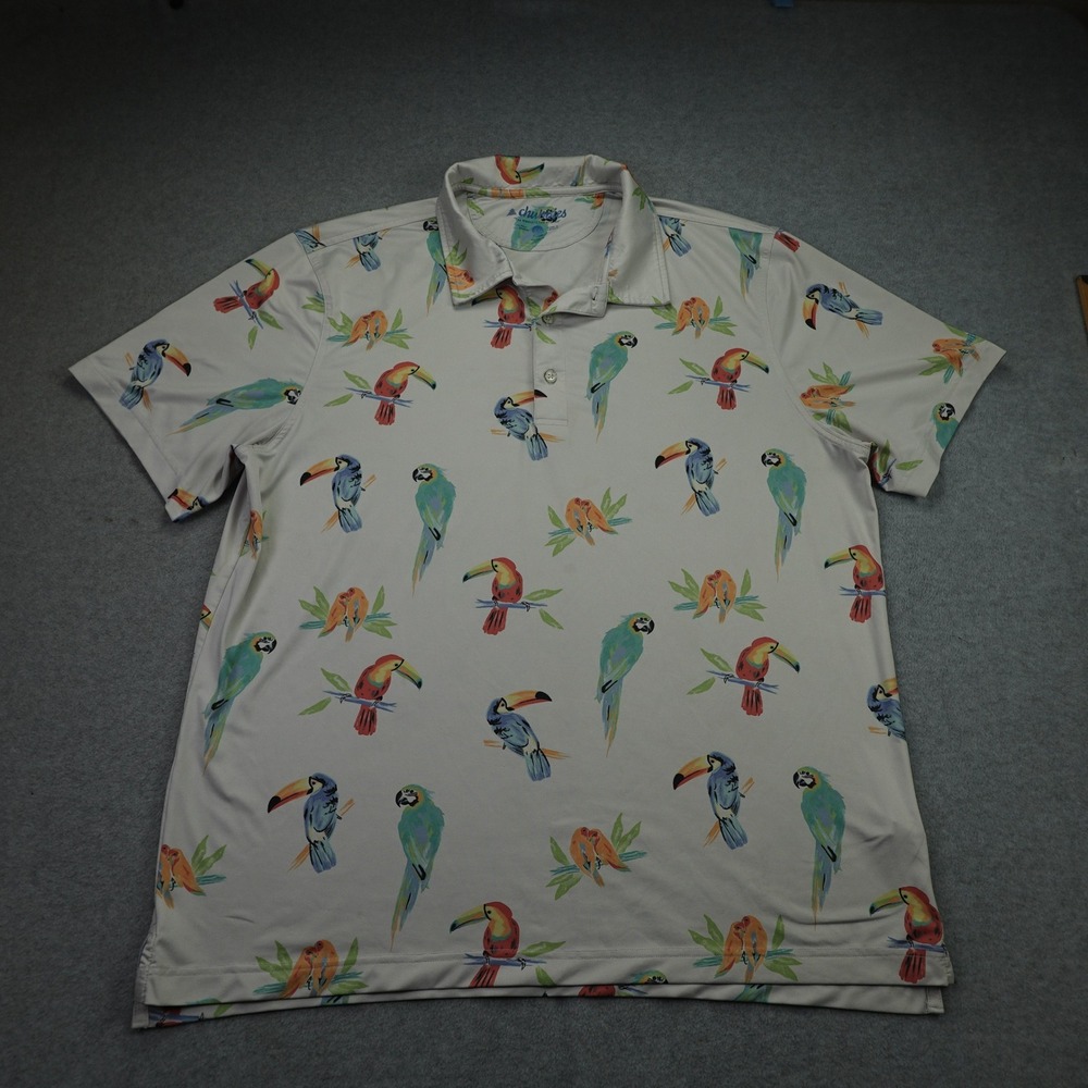 Chubbies Polo Shirt Mens XL Gray Parrot Tropical Short Sleeve Stretch Casual
